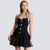 Black  Women Sexy Halter Shinning Sequins Off the Shoulder A-Line Mini Bandage Dress Celebrate Evening Party Red Carpet Wear